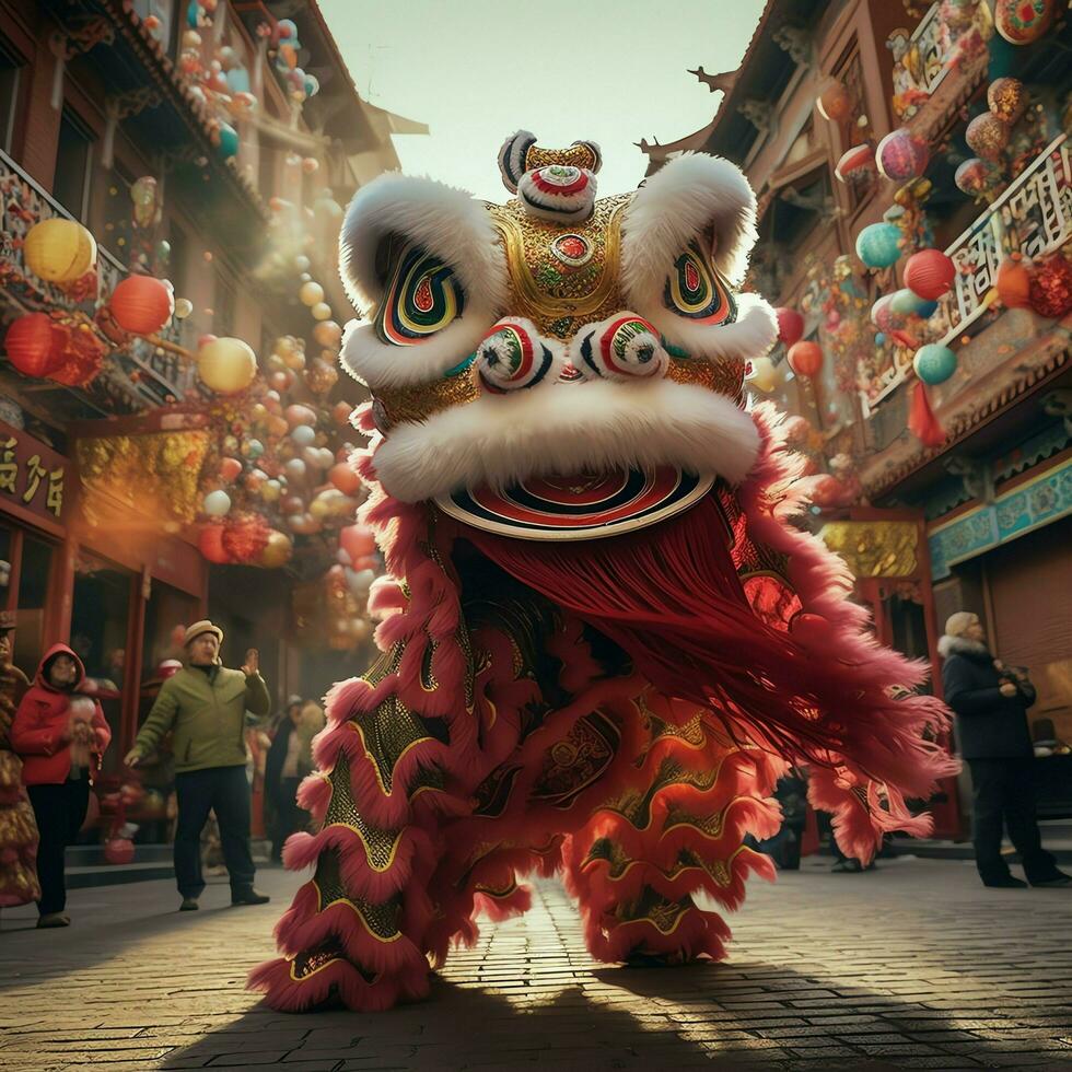 continuar o león danza espectáculo barongsai en celebracion chino lunar nuevo año festival. asiático tradicional concepto por ai generado foto