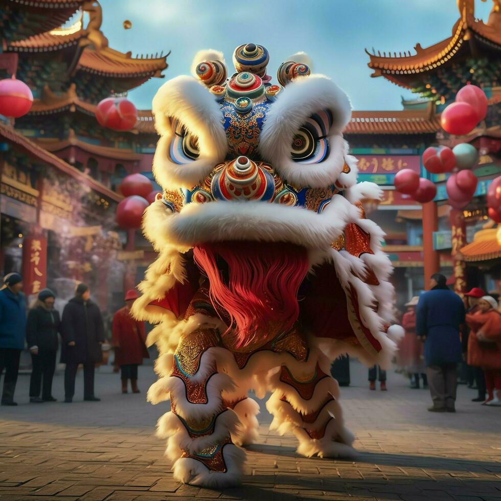 Dragon or lion dance show barongsai in celebration chinese lunar new year festival. Asian traditional concept by AI Generated photo