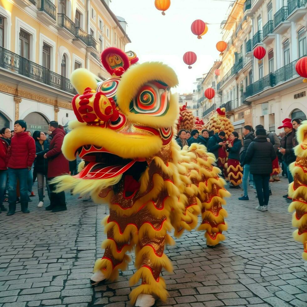 continuar o león danza espectáculo barongsai en celebracion chino lunar nuevo año festival. asiático tradicional concepto por ai generado foto