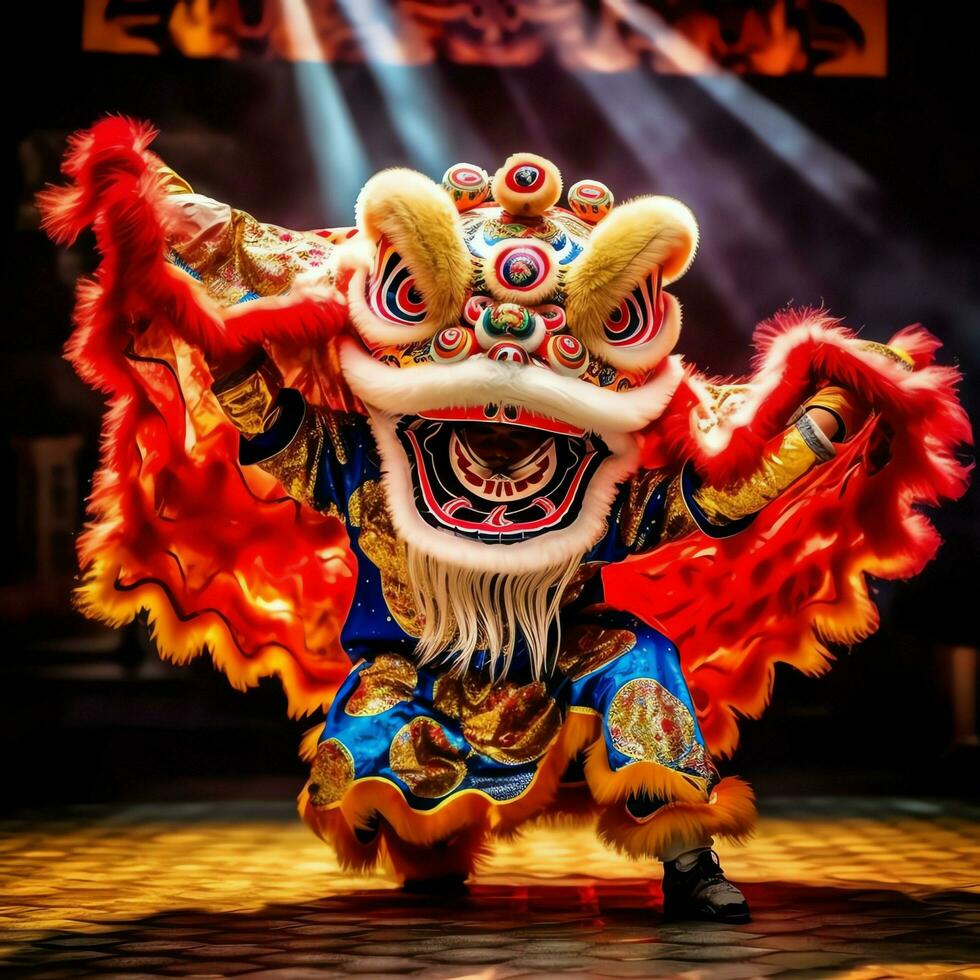 Dragon or lion dance show barongsai in celebration chinese lunar new year festival. Asian traditional concept by AI Generated photo
