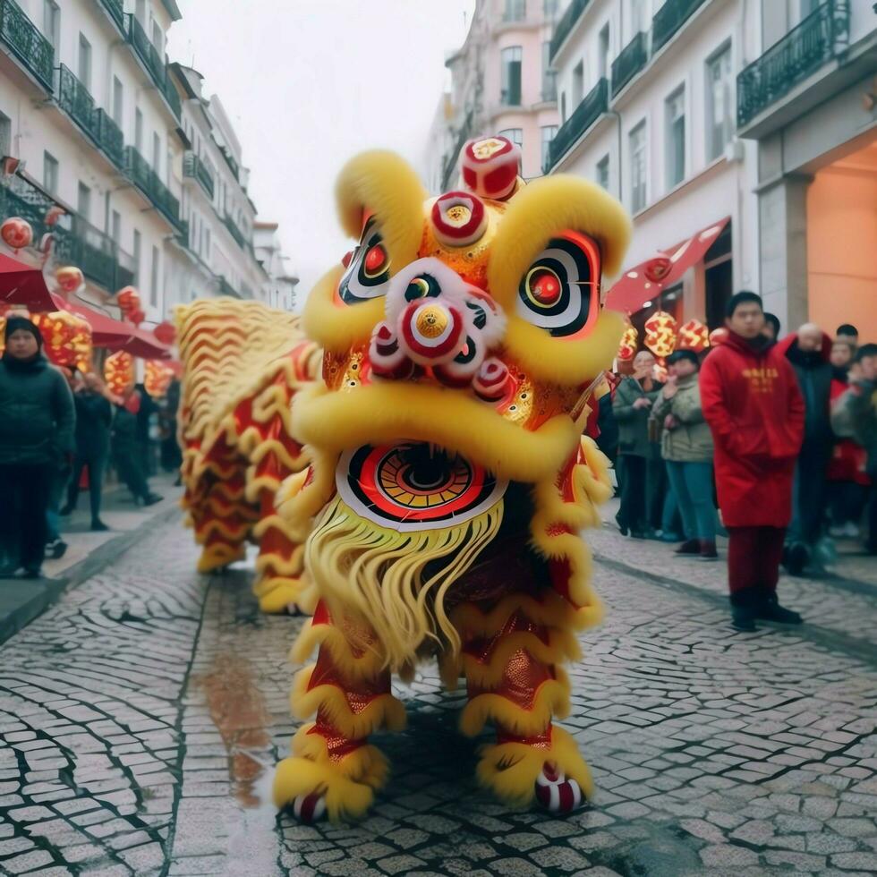 continuar o león danza espectáculo barongsai en celebracion chino lunar nuevo año festival. asiático tradicional concepto por ai generado foto