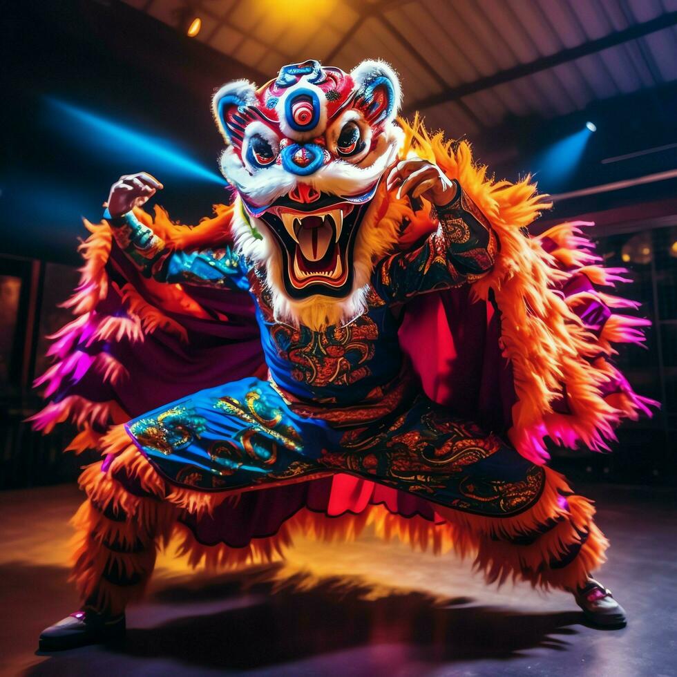 Dragon or lion dance show barongsai in celebration chinese lunar new year festival. Asian traditional concept by AI Generated photo