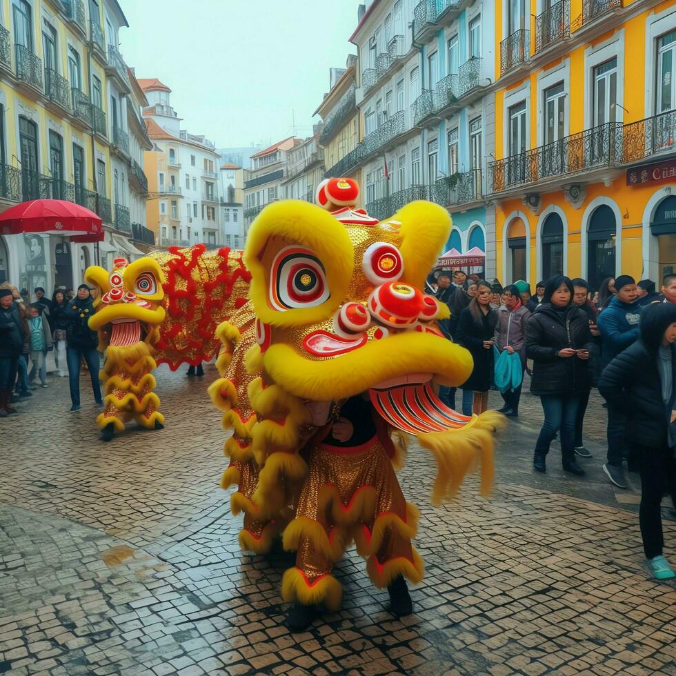 Dragon or lion dance show barongsai in celebration chinese lunar new year festival. Asian traditional concept by AI Generated photo