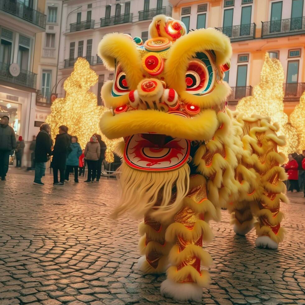 Dragon or lion dance show barongsai in celebration chinese lunar new year festival. Asian traditional concept by AI Generated photo