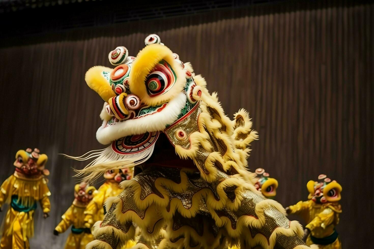Dragon or lion dance show barongsai in celebration chinese lunar new year festival. Asian traditional concept by AI Generated photo