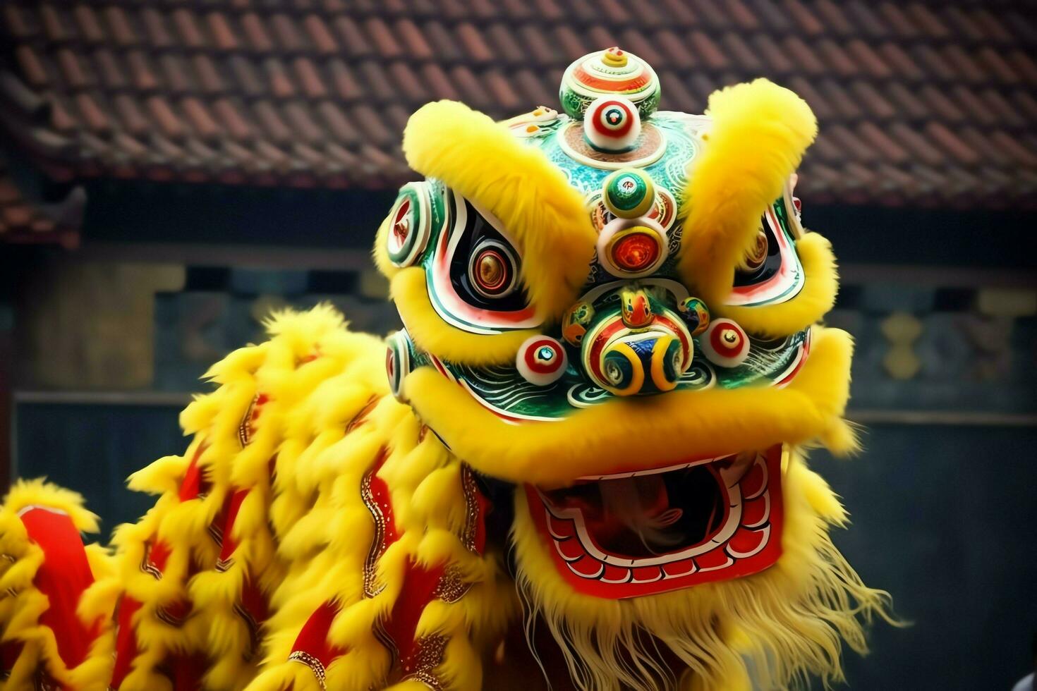 continuar o león danza espectáculo barongsai en celebracion chino lunar nuevo año festival. asiático tradicional concepto por ai generado foto