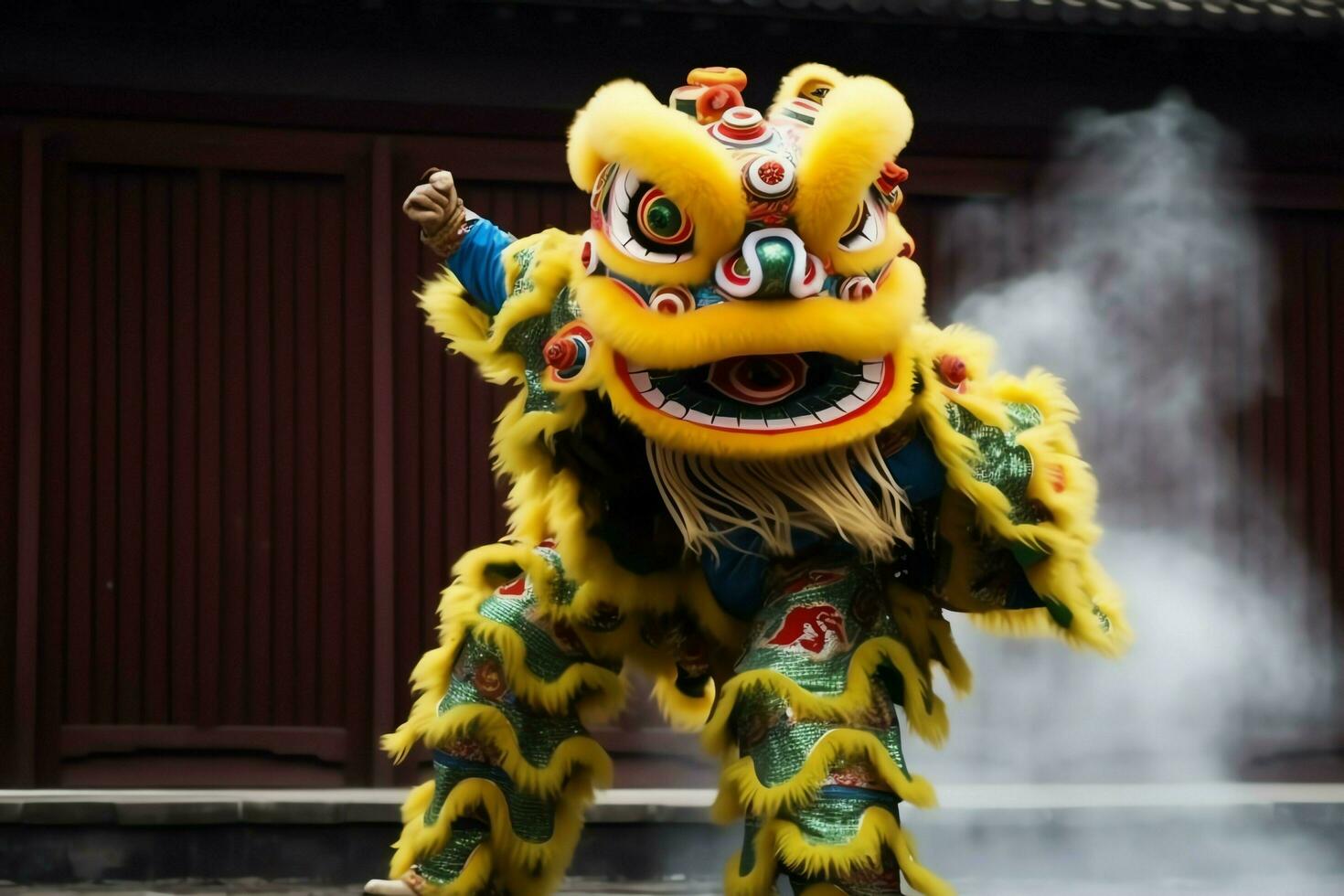 Dragon or lion dance show barongsai in celebration chinese lunar new year festival. Asian traditional concept by AI Generated photo