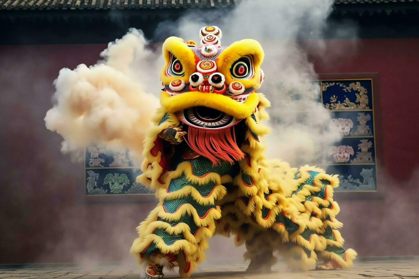 Dragon or lion dance show barongsai in celebration chinese lunar new year festival. Asian traditional concept by AI Generated photo