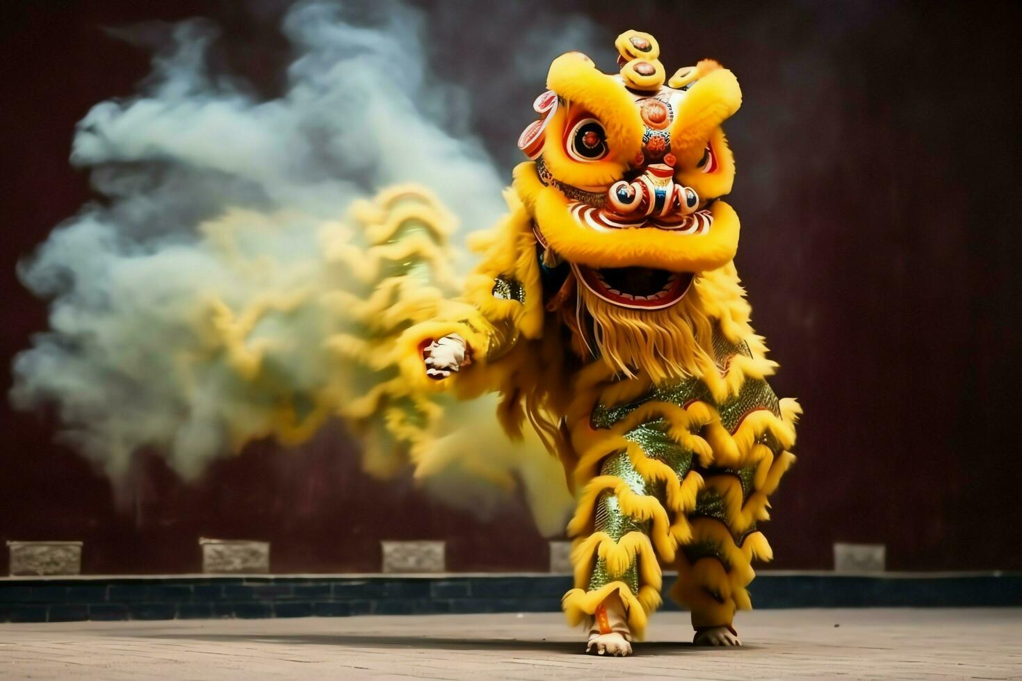 Dragon or lion dance show barongsai in celebration chinese lunar new year festival. Asian traditional concept by AI Generated photo