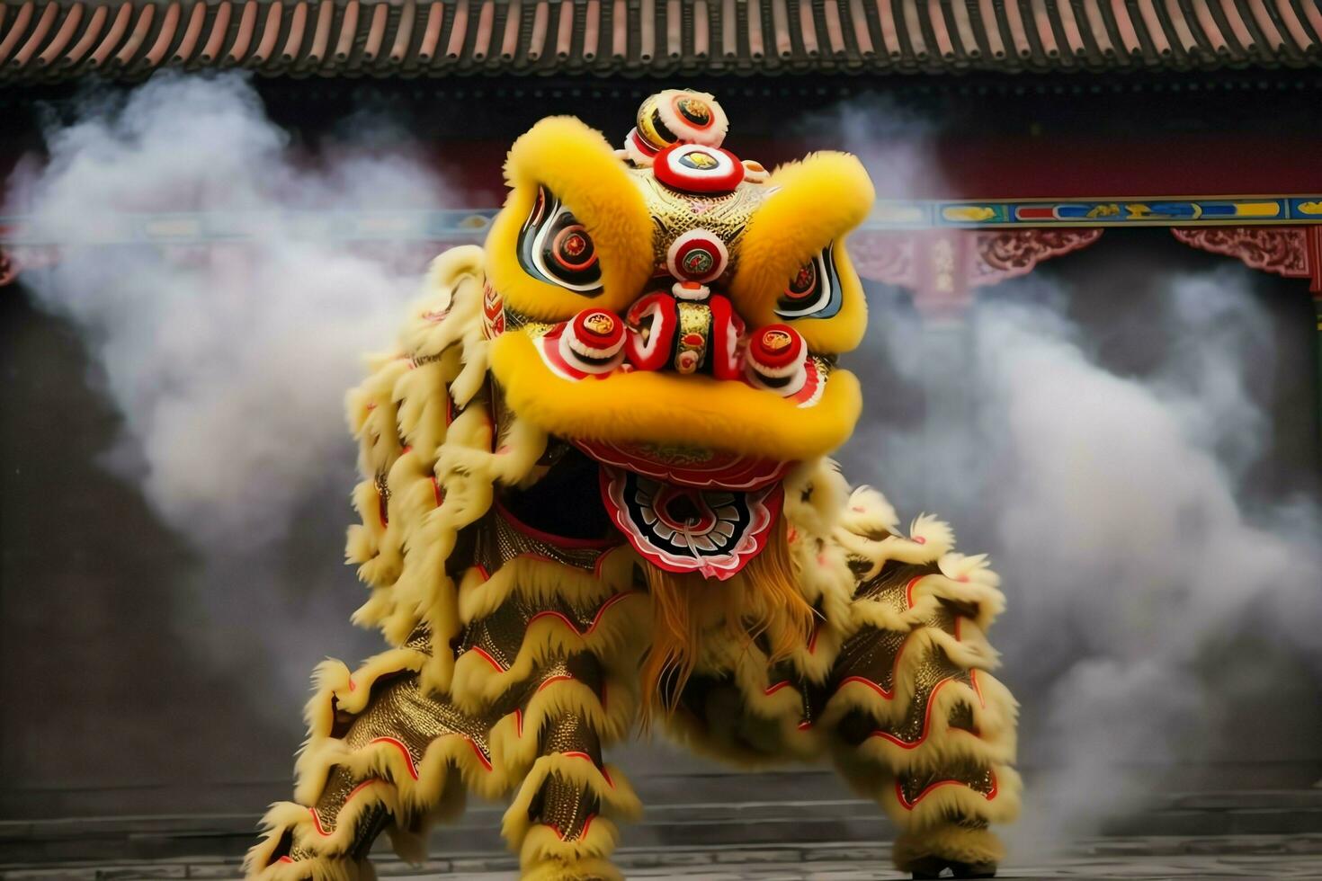 Dragon or lion dance show barongsai in celebration chinese lunar new year festival. Asian traditional concept by AI Generated photo