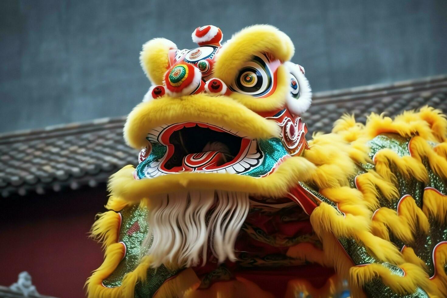 Dragon or lion dance show barongsai in celebration chinese lunar new year festival. Asian traditional concept by AI Generated photo