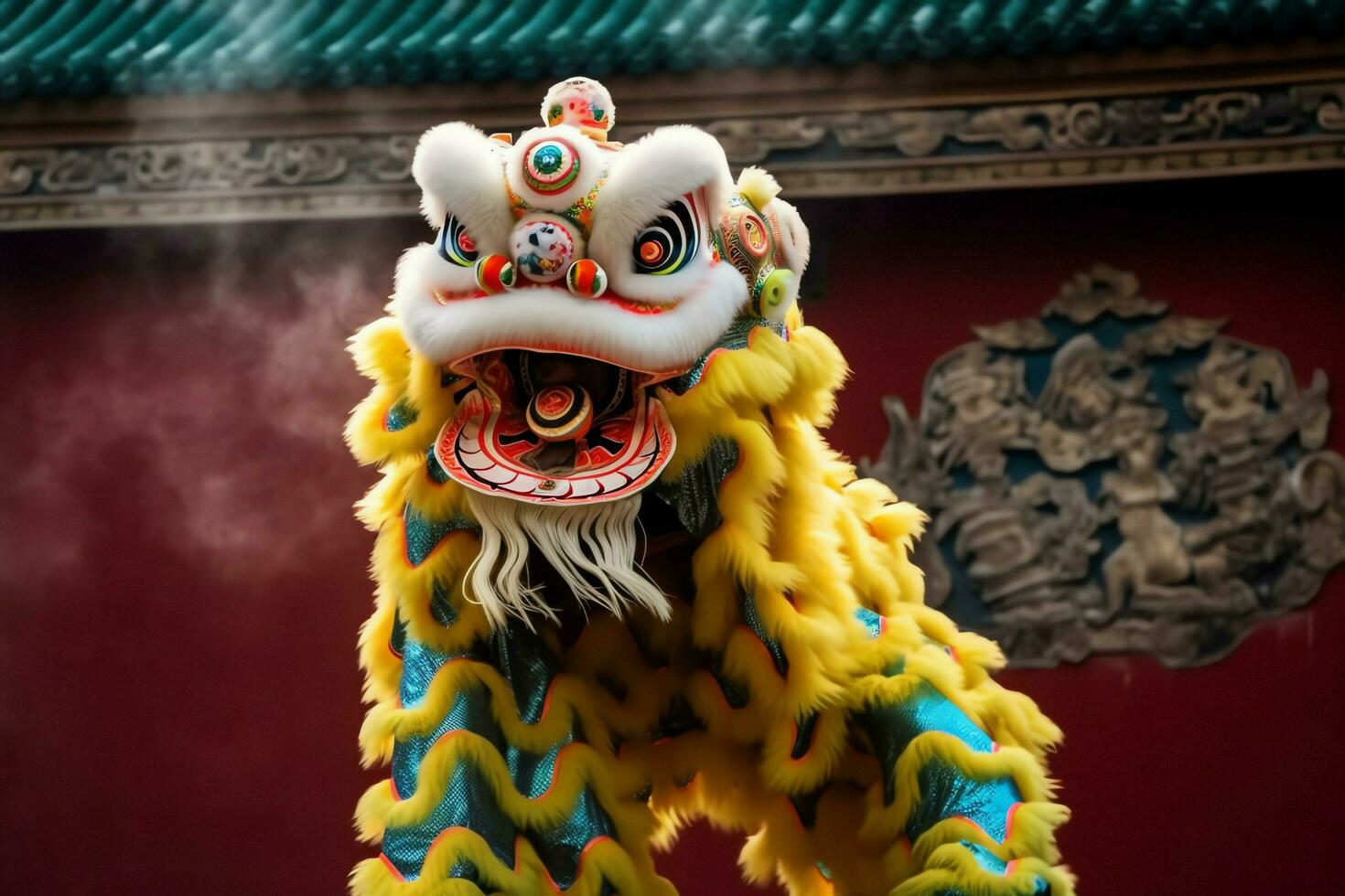 continuar o león danza espectáculo barongsai en celebracion chino lunar nuevo año festival. asiático tradicional concepto por ai generado foto