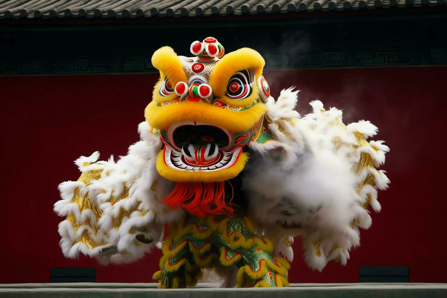 Dragon or lion dance show barongsai in celebration chinese lunar new year festival. Asian traditional concept by AI Generated photo