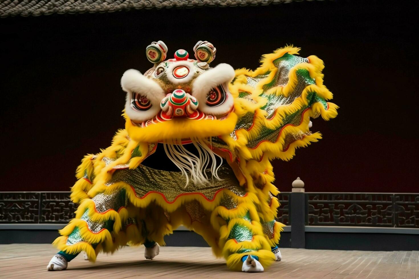 Dragon or lion dance show barongsai in celebration chinese lunar new year festival. Asian traditional concept by AI Generated photo