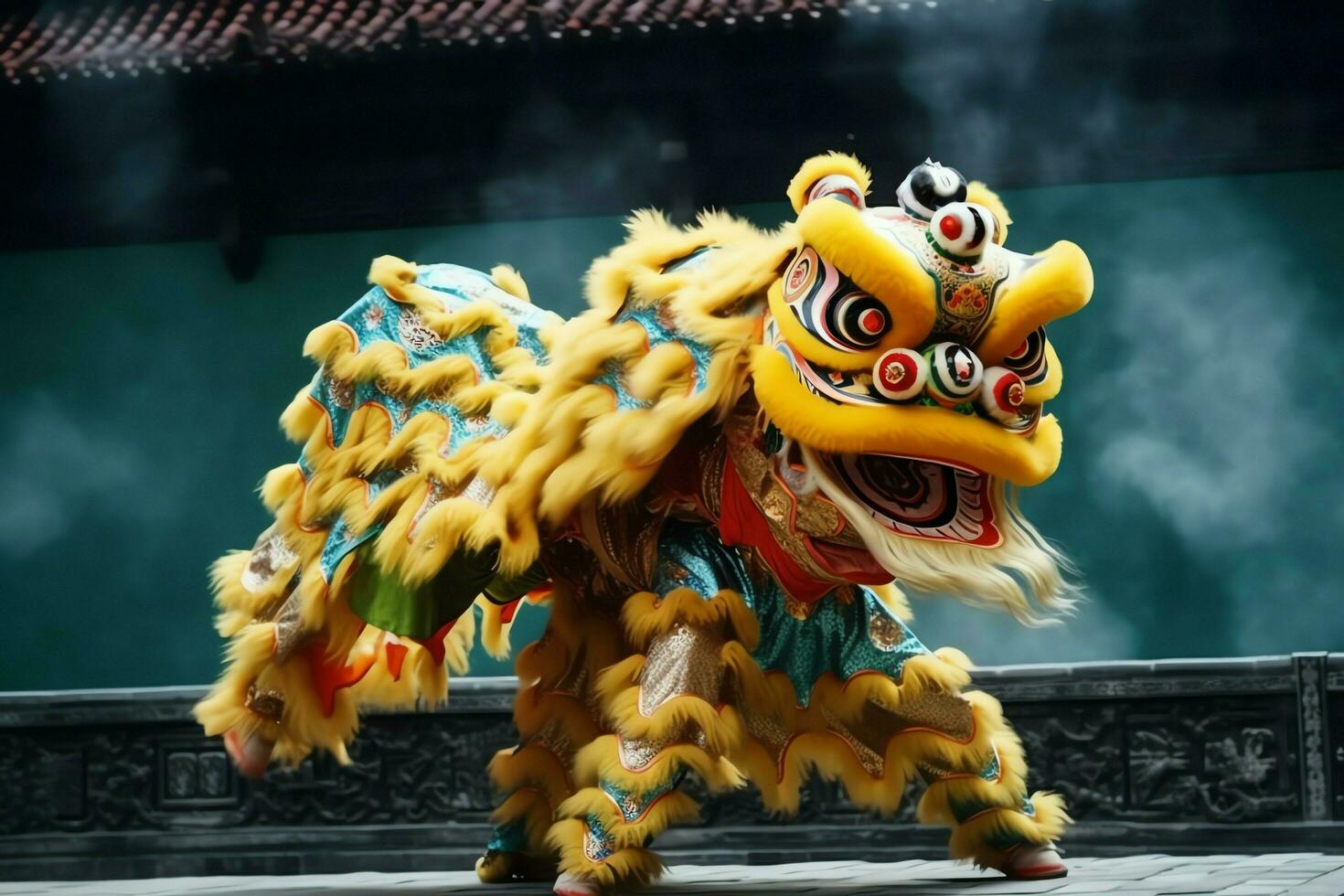 Dragon or lion dance show barongsai in celebration chinese lunar new year festival. Asian traditional concept by AI Generated photo
