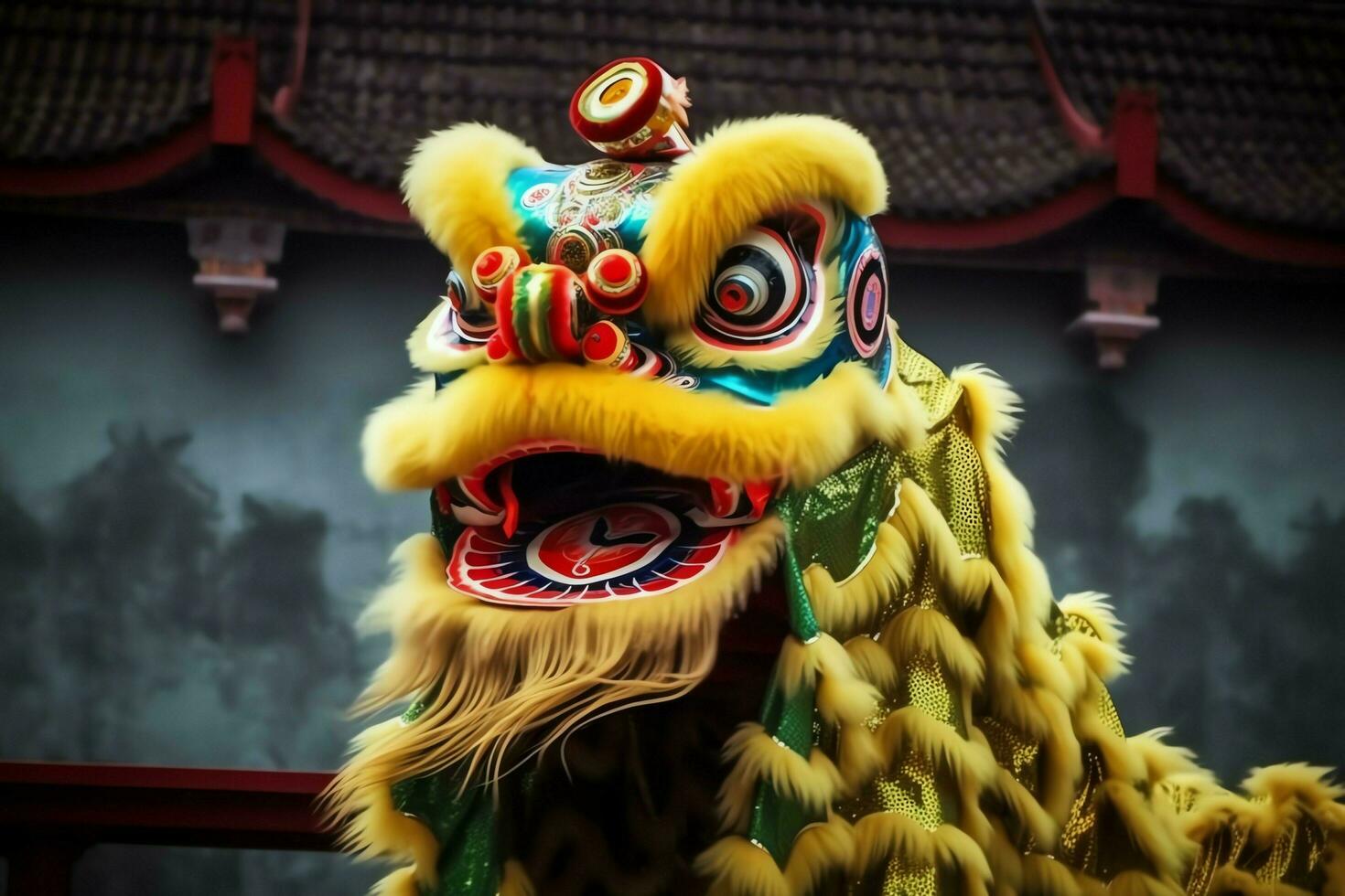 Dragon or lion dance show barongsai in celebration chinese lunar new year festival. Asian traditional concept by AI Generated photo
