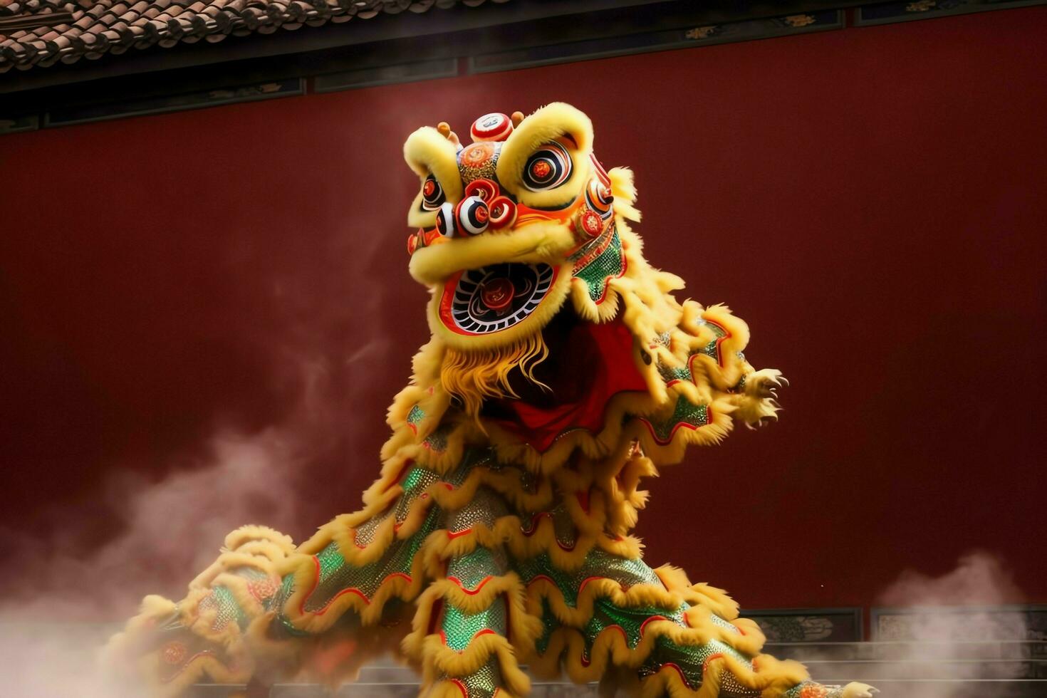 continuar o león danza espectáculo barongsai en celebracion chino lunar nuevo año festival. asiático tradicional concepto por ai generado foto