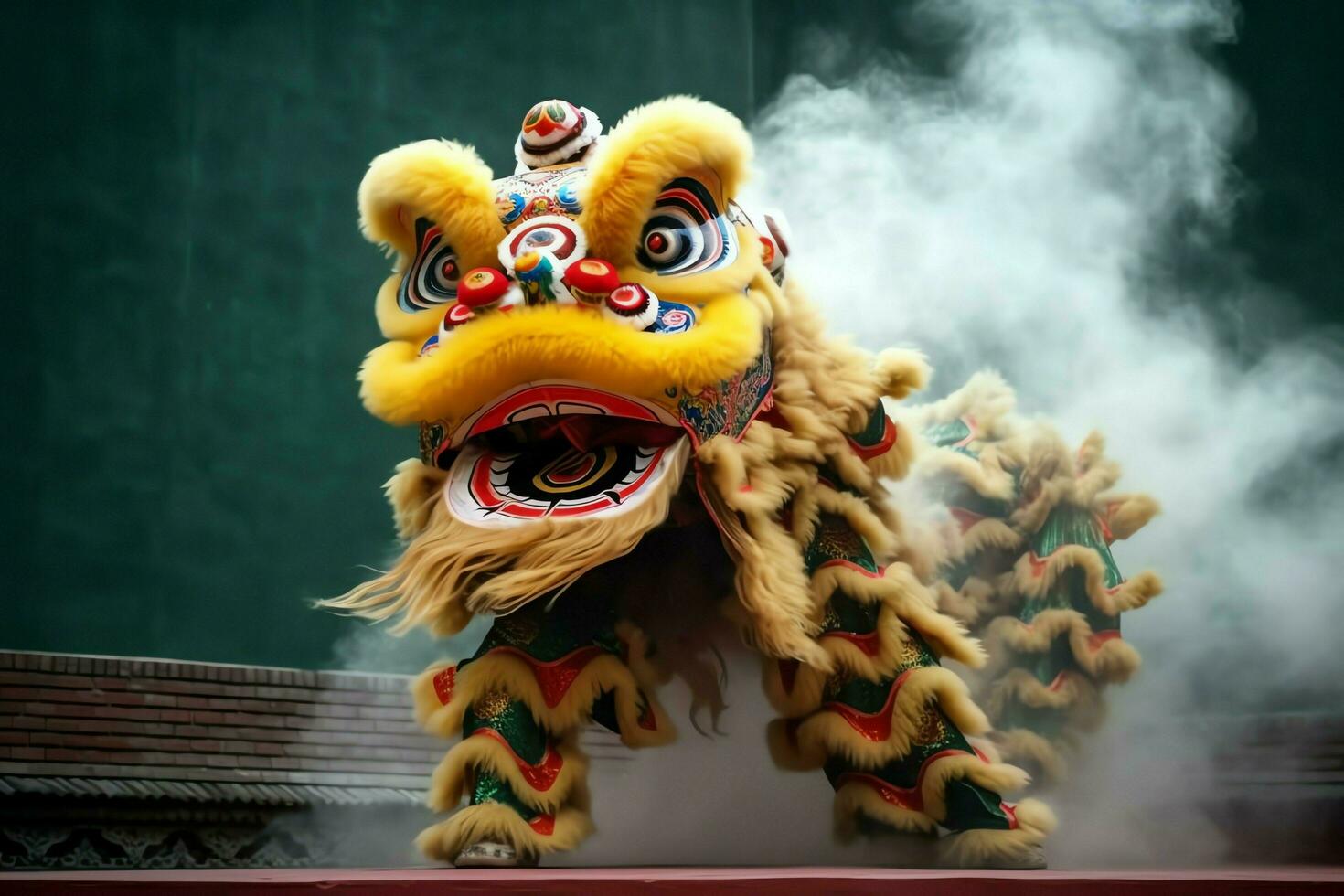 continuar o león danza espectáculo barongsai en celebracion chino lunar nuevo año festival. asiático tradicional concepto por ai generado foto