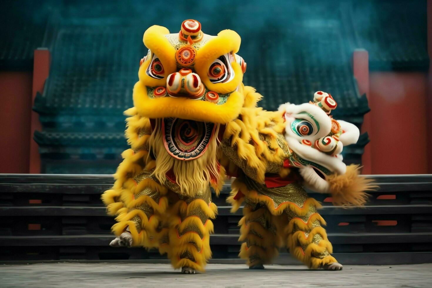 Dragon or lion dance show barongsai in celebration chinese lunar new year festival. Asian traditional concept by AI Generated photo