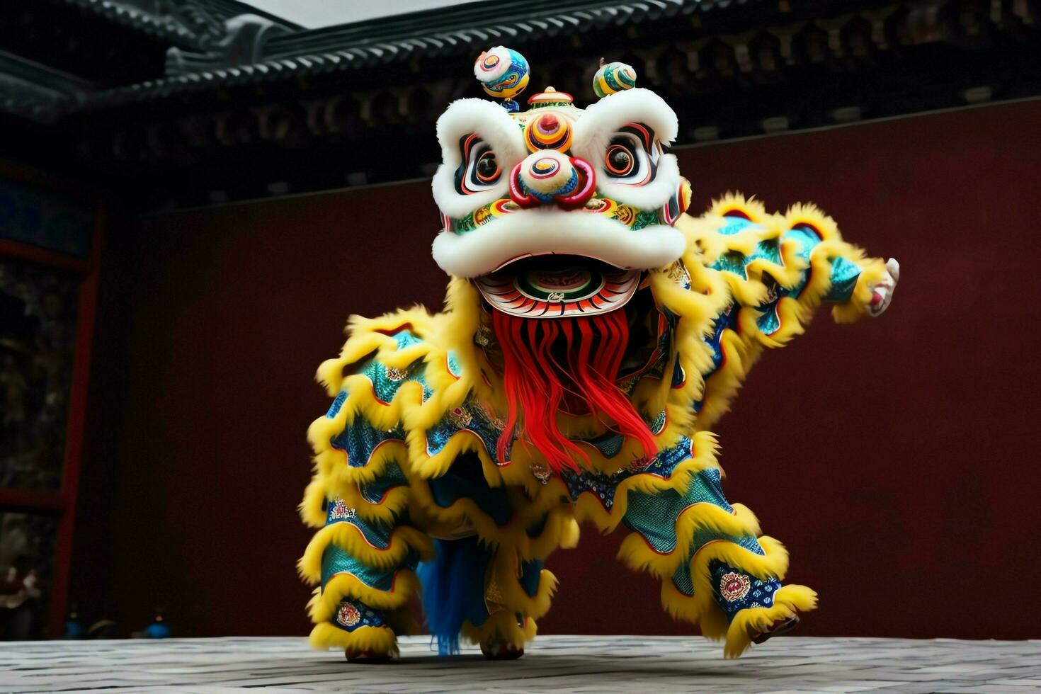 continuar o león danza espectáculo barongsai en celebracion chino lunar nuevo año festival. asiático tradicional concepto por ai generado foto