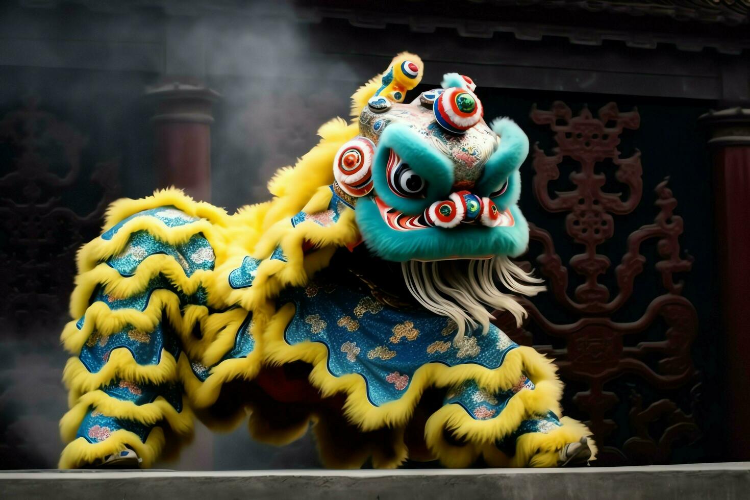 Dragon or lion dance show barongsai in celebration chinese lunar new year festival. Asian traditional concept by AI Generated photo