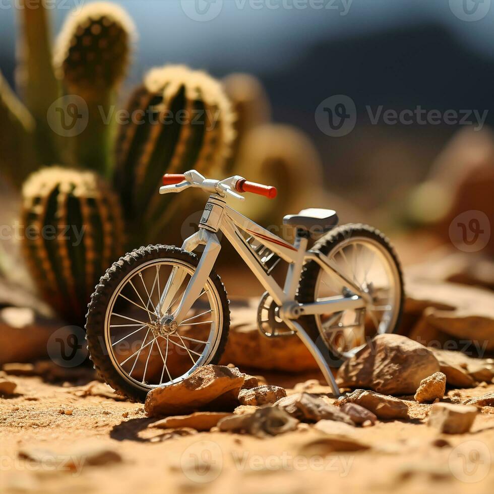 bicycle toy on dessert in morning times, Generative ai photo