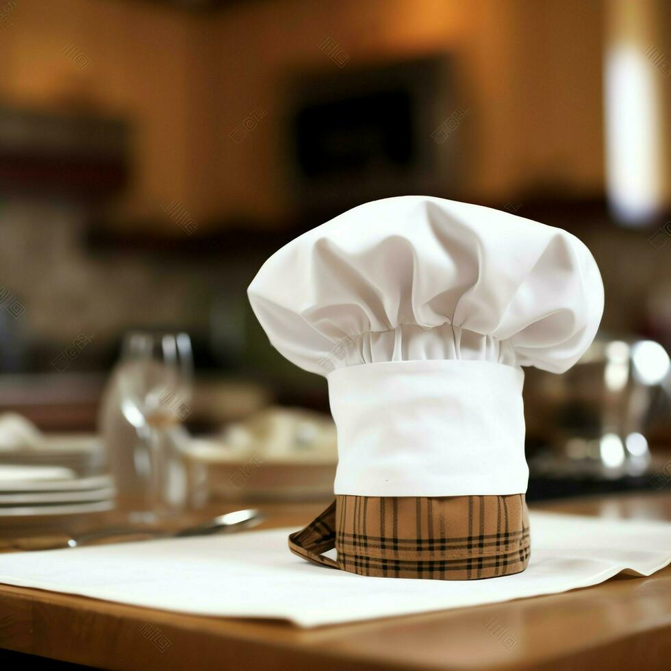 White cook hat in the kitchen table and copy space for your decoration. Advertising photography concept by AI Generated photo