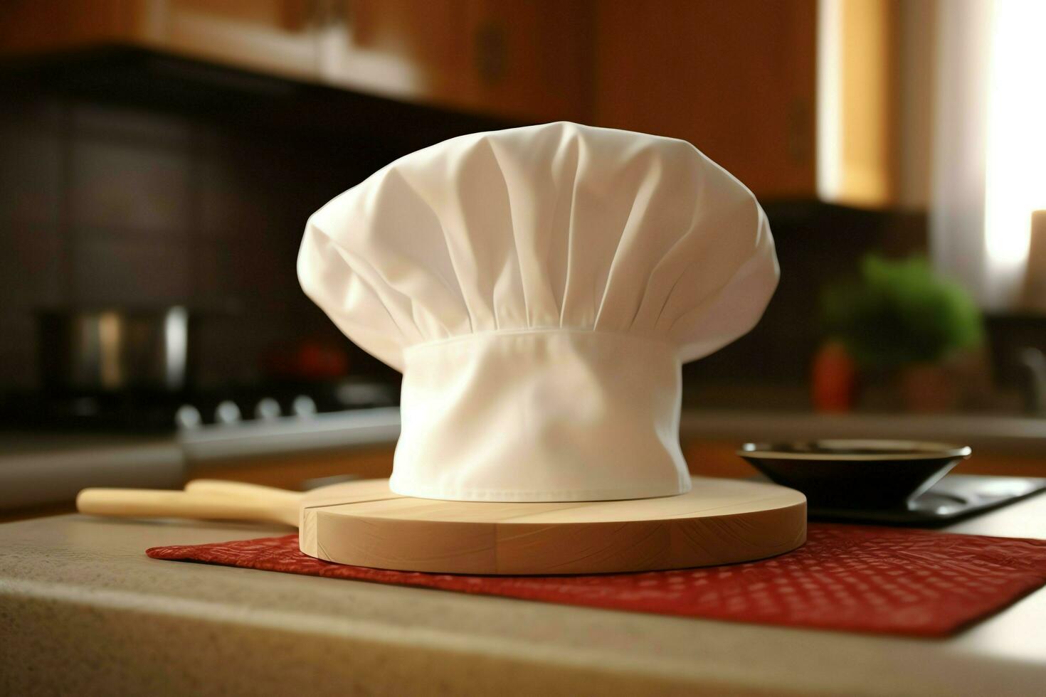 White cook hat in the kitchen table and copy space for your decoration. Advertising photography concept by AI Generated photo