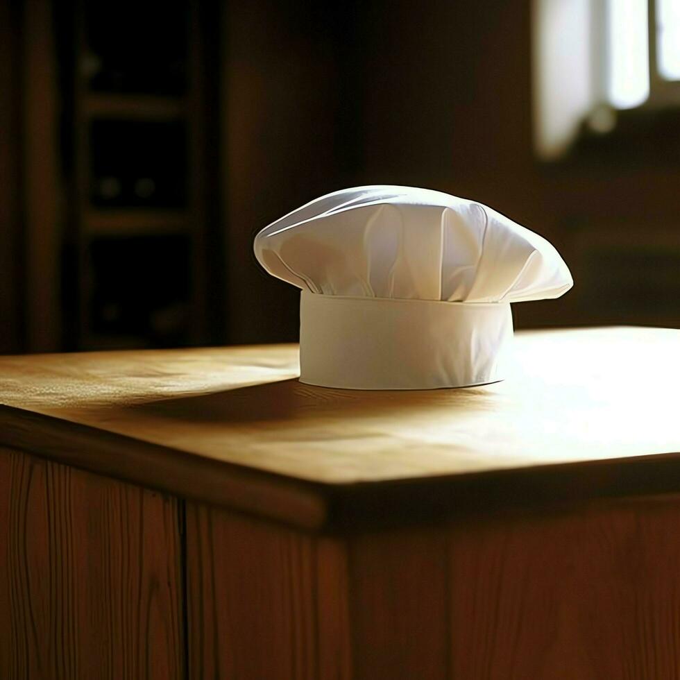 White cook hat in the kitchen table and copy space for your decoration. Advertising photography concept by AI Generated photo