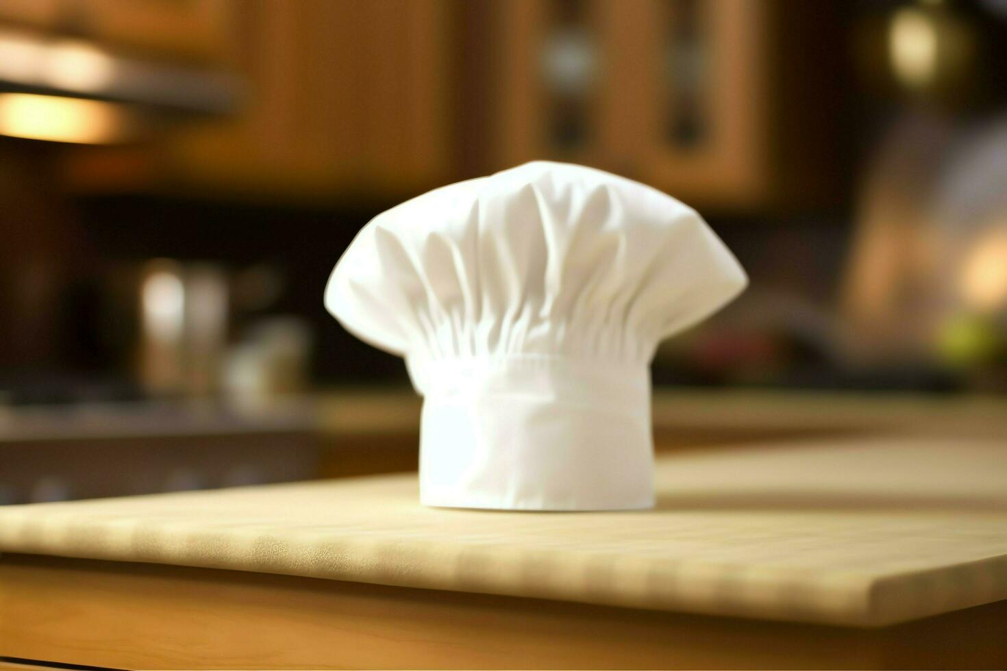 White cook hat in the kitchen table and copy space for your decoration. Advertising photography concept by AI Generated photo