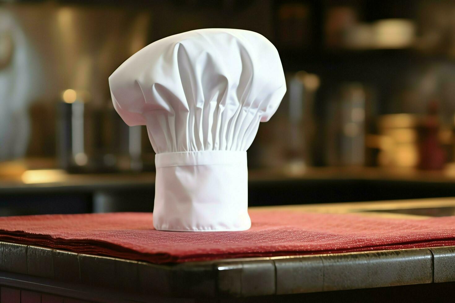 White cook hat in the kitchen table and copy space for your decoration. Advertising photography concept by AI Generated photo