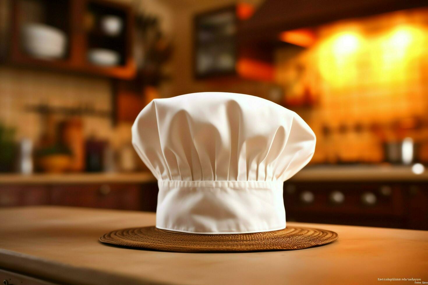 White cook hat in the kitchen table and copy space for your decoration. Advertising photography concept by AI Generated photo