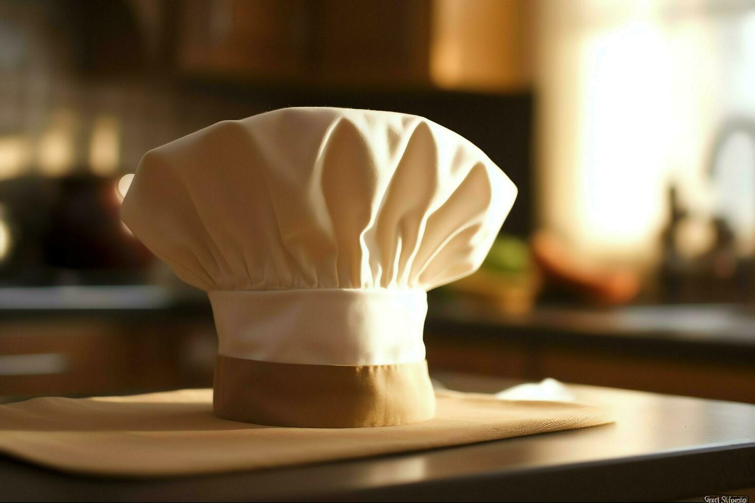 blanco cocinar sombrero en el cocina mesa y Copiar espacio para tu decoración. publicidad fotografía concepto por ai generado foto