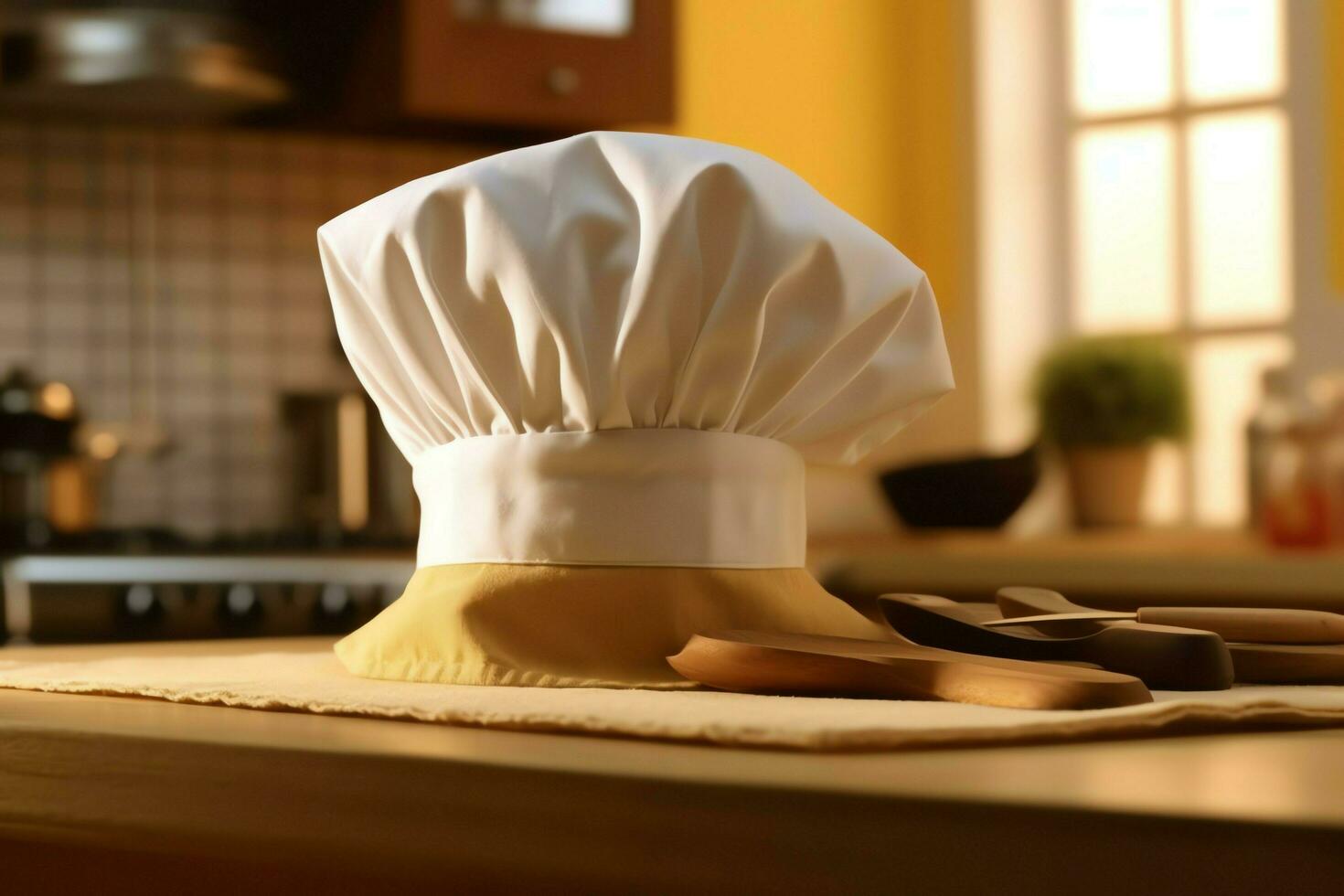White cook hat in the kitchen table and copy space for your decoration. Advertising photography concept by AI Generated photo