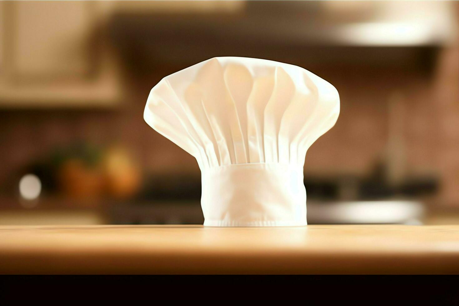 White cook hat in the kitchen table and copy space for your decoration. Advertising photography concept by AI Generated photo