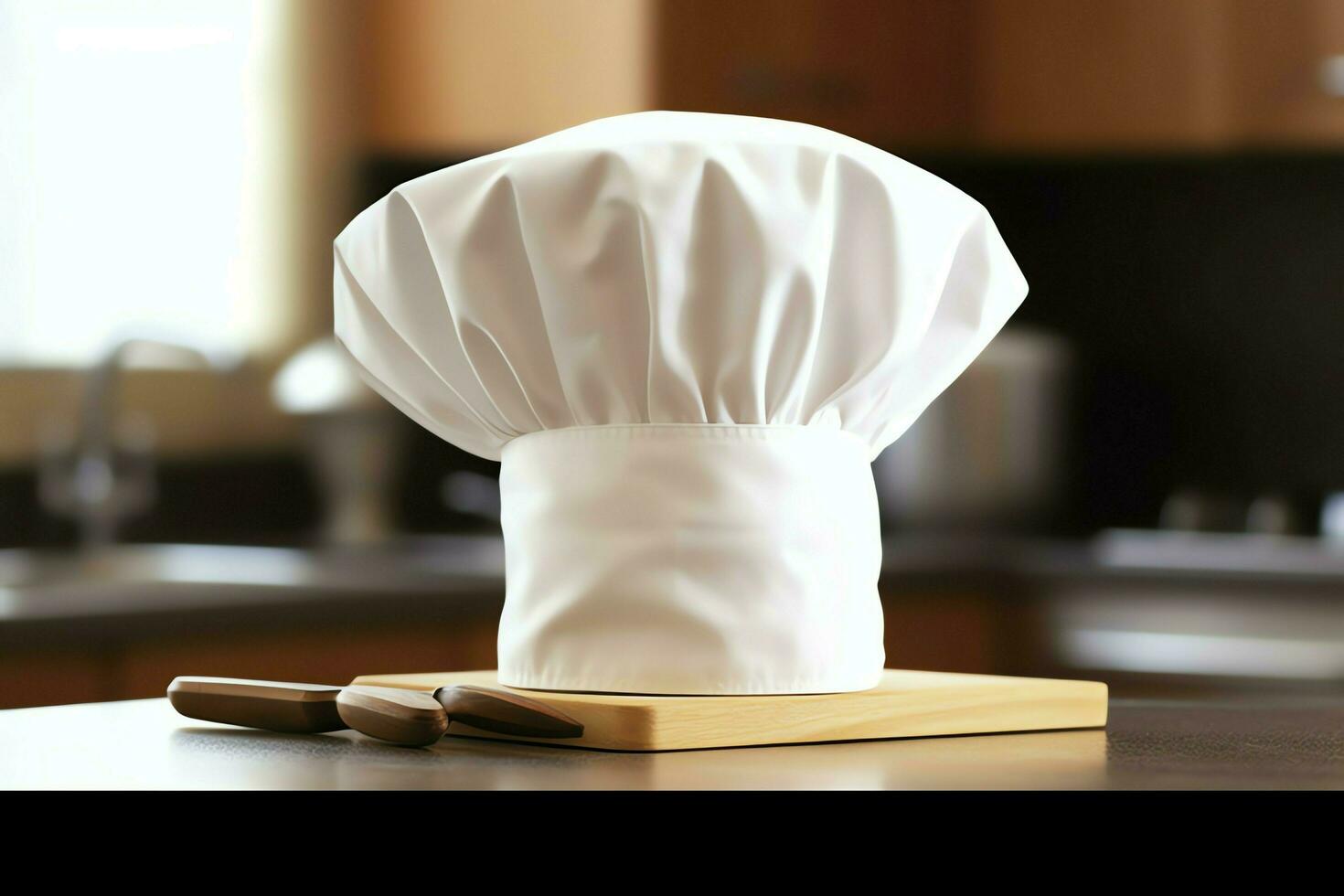 blanco cocinar sombrero en el cocina mesa y Copiar espacio para tu decoración. publicidad fotografía concepto por ai generado foto