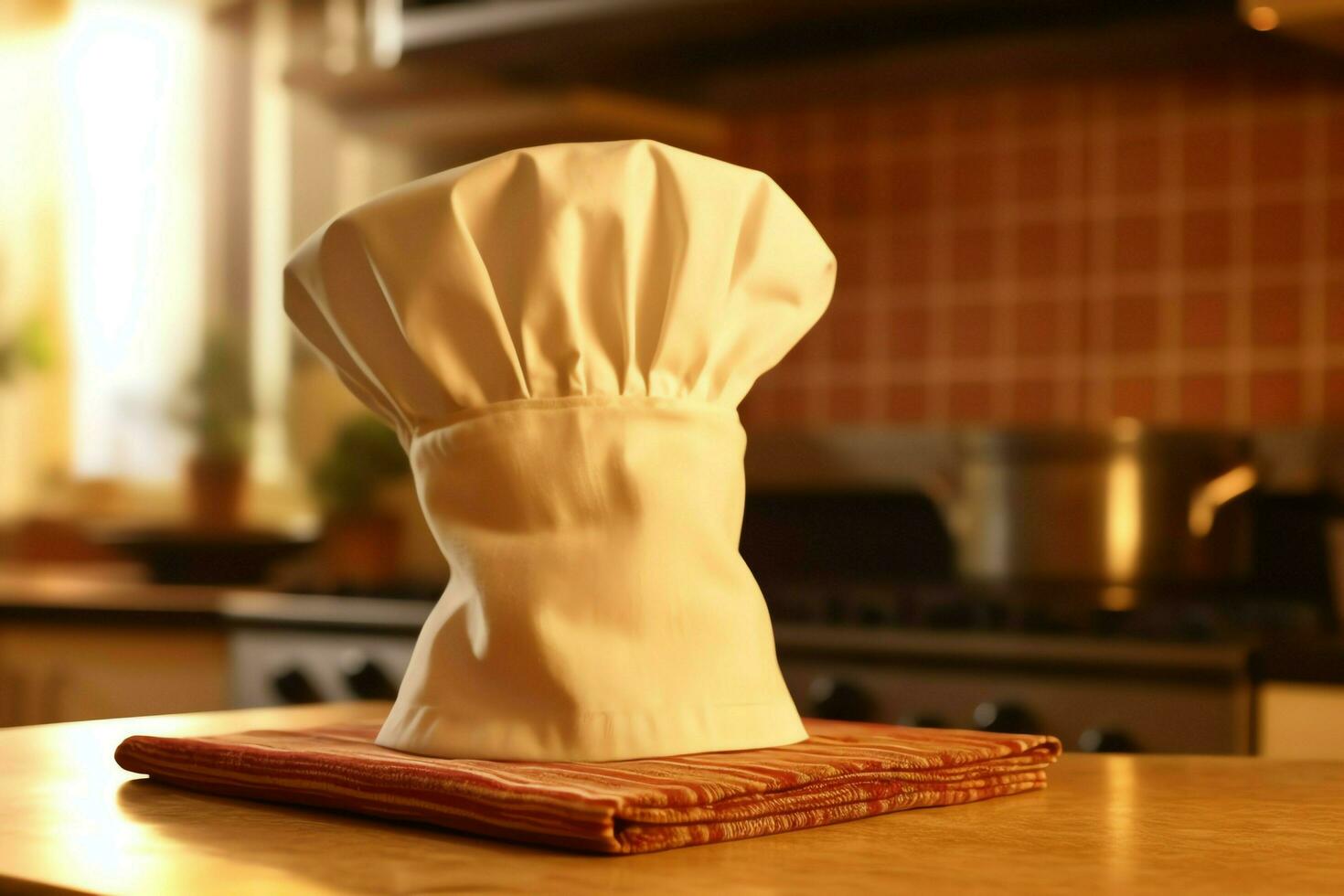 White cook hat in the kitchen table and copy space for your decoration. Advertising photography concept by AI Generated photo