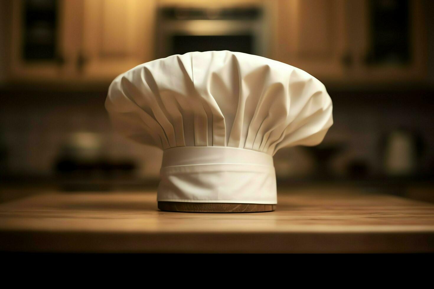 White cook hat in the kitchen table and copy space for your decoration. Advertising photography concept by AI Generated photo