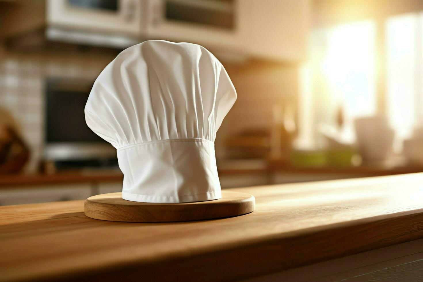 White cook hat in the kitchen table and copy space for your decoration. Advertising photography concept by AI Generated photo