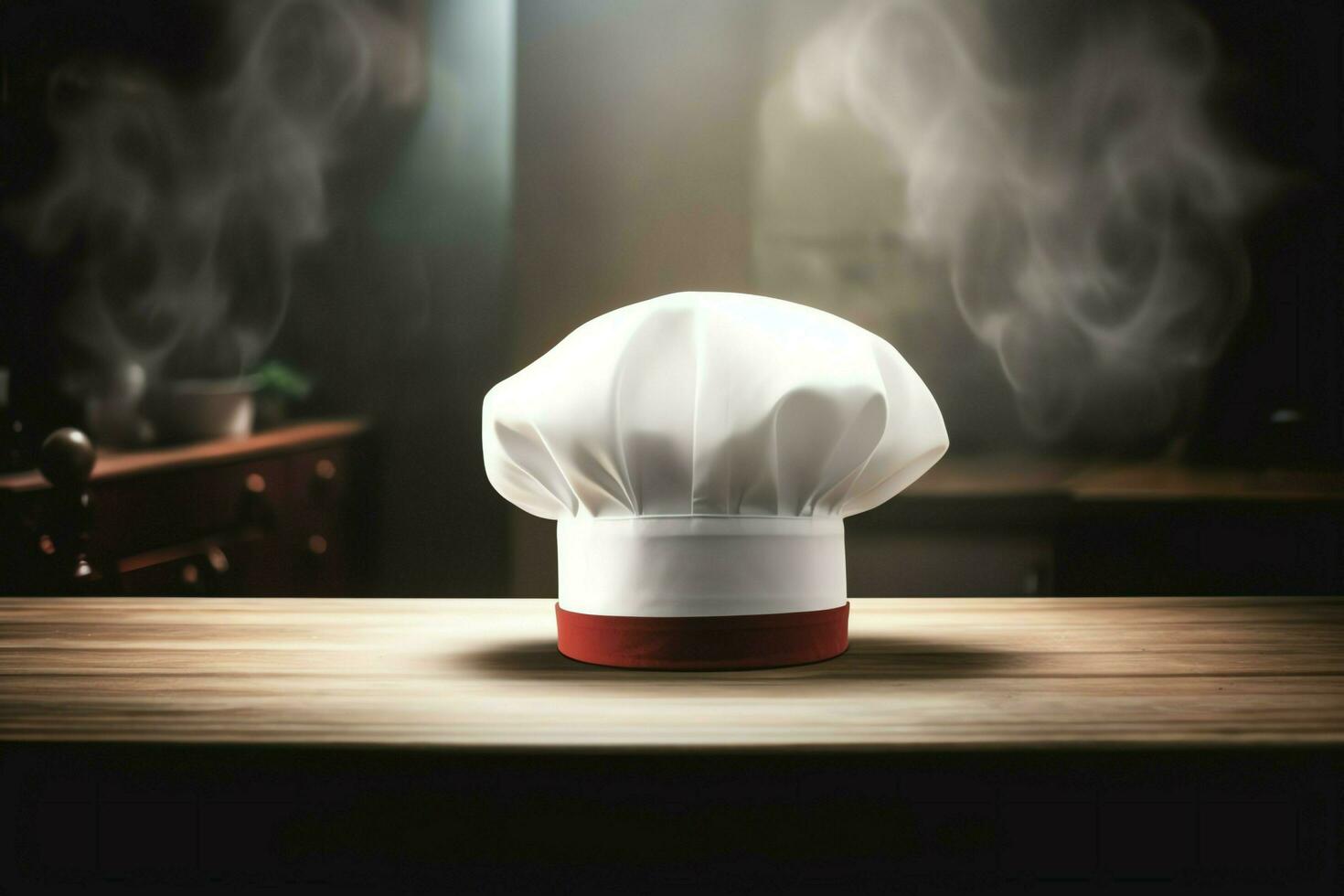 White cook hat in the kitchen table and copy space for your decoration. Advertising photography concept by AI Generated photo