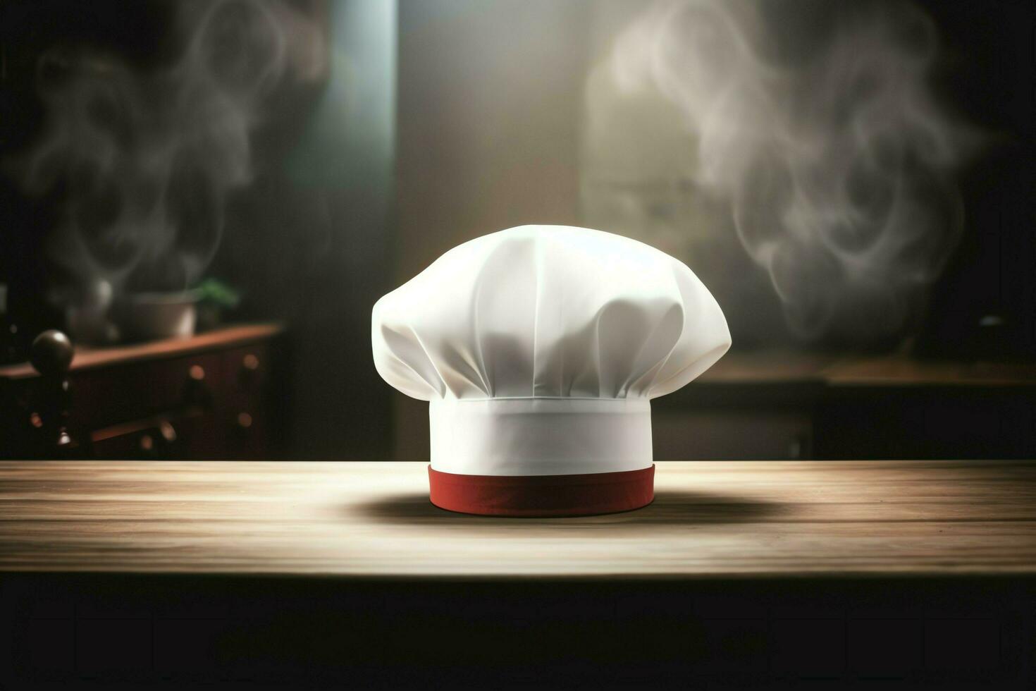 blanco cocinar sombrero en el cocina mesa y Copiar espacio para tu decoración. publicidad fotografía concepto por ai generado foto