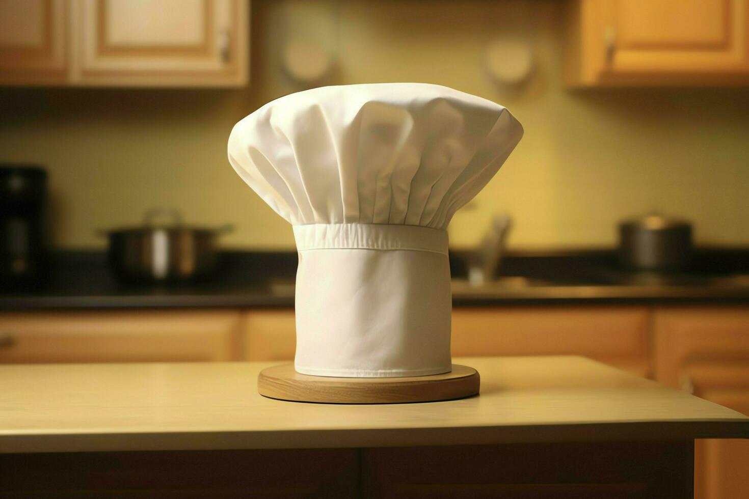 White cook hat in the kitchen table and copy space for your decoration. Advertising photography concept by AI Generated photo