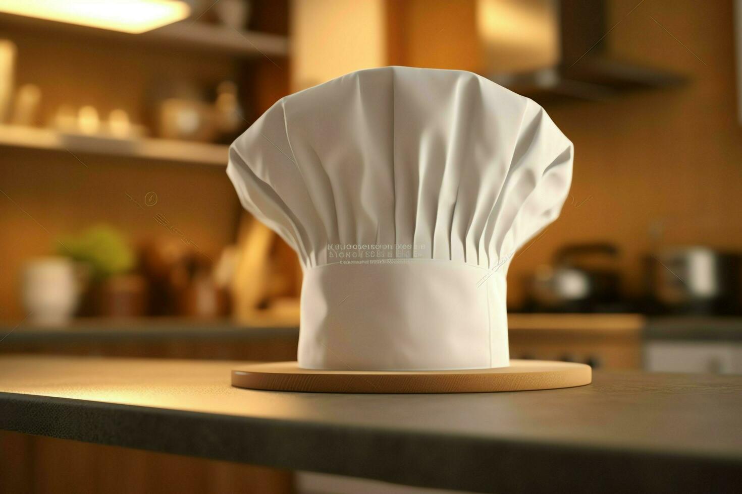 White cook hat in the kitchen table and copy space for your decoration. Advertising photography concept by AI Generated photo