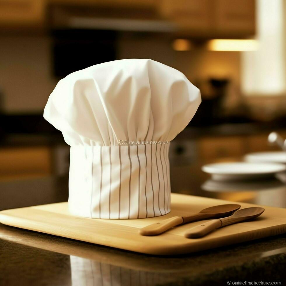 White cook hat in the kitchen table and copy space for your decoration. Advertising photography concept by AI Generated photo