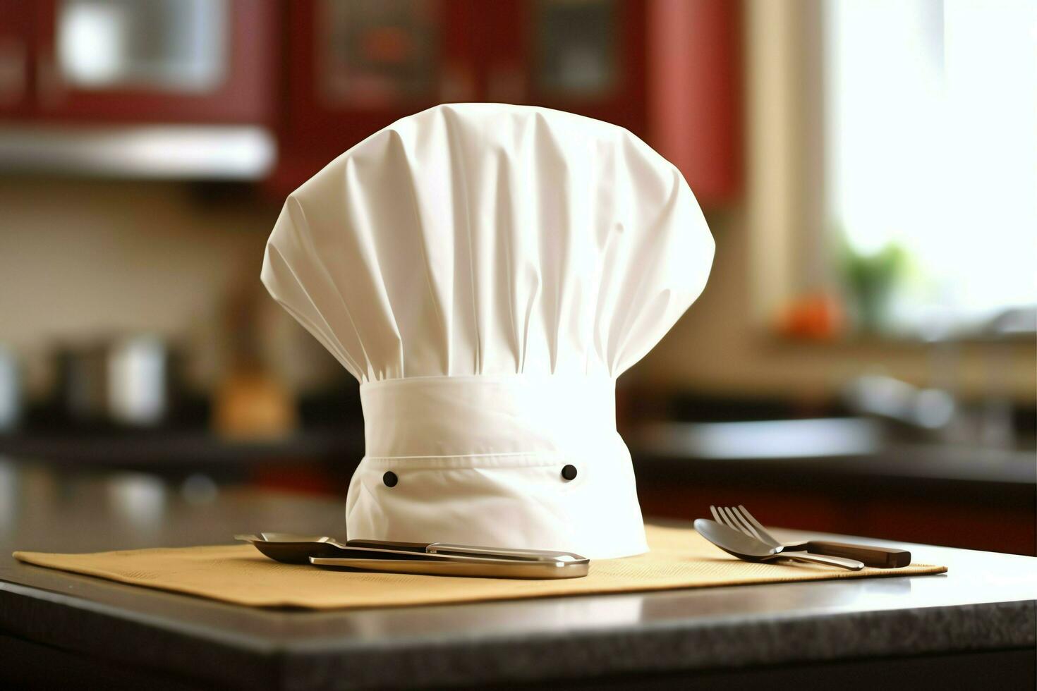 White cook hat in the kitchen table and copy space for your decoration. Advertising photography concept by AI Generated photo