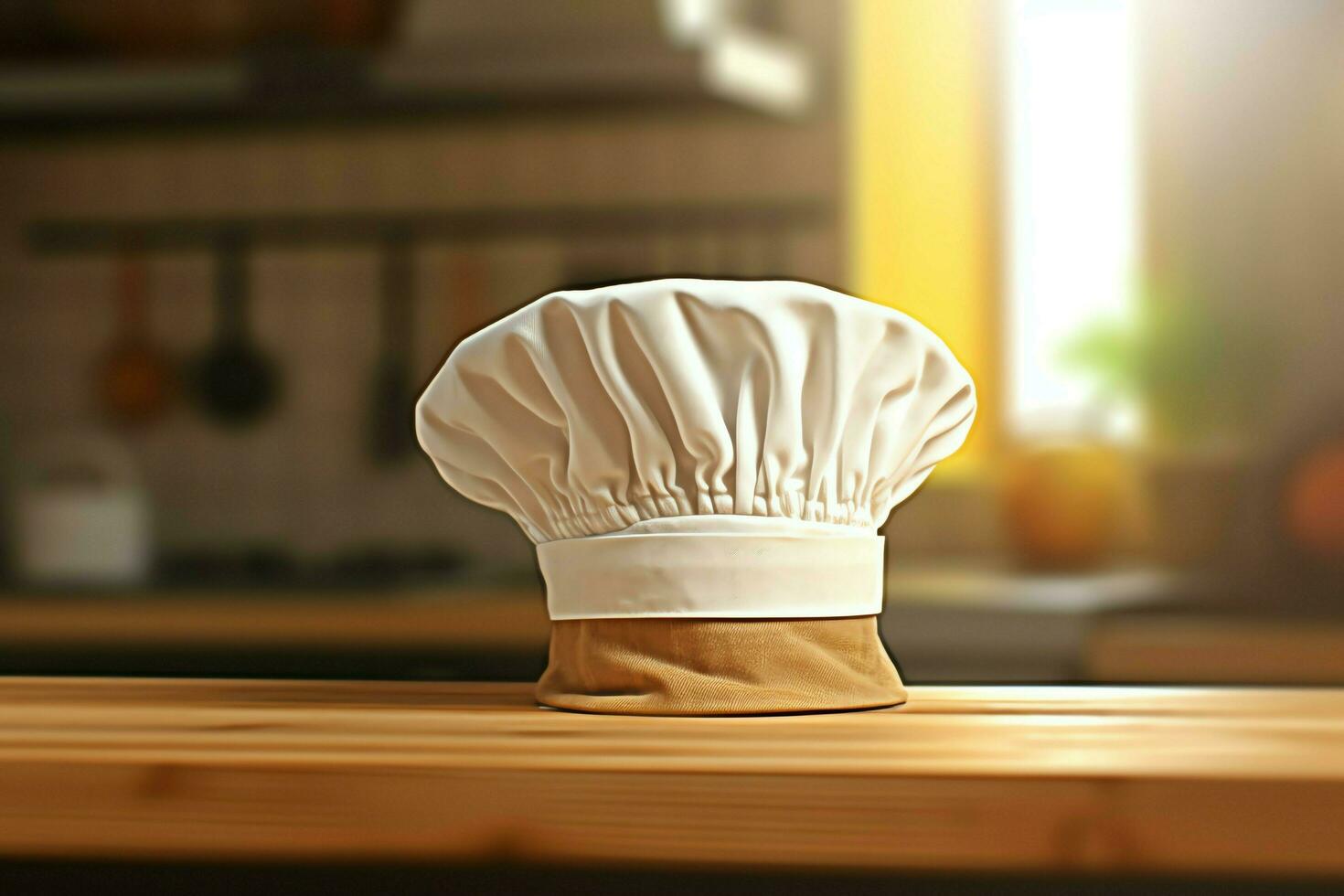 White cook hat in the kitchen table and copy space for your decoration. Advertising photography concept by AI Generated photo