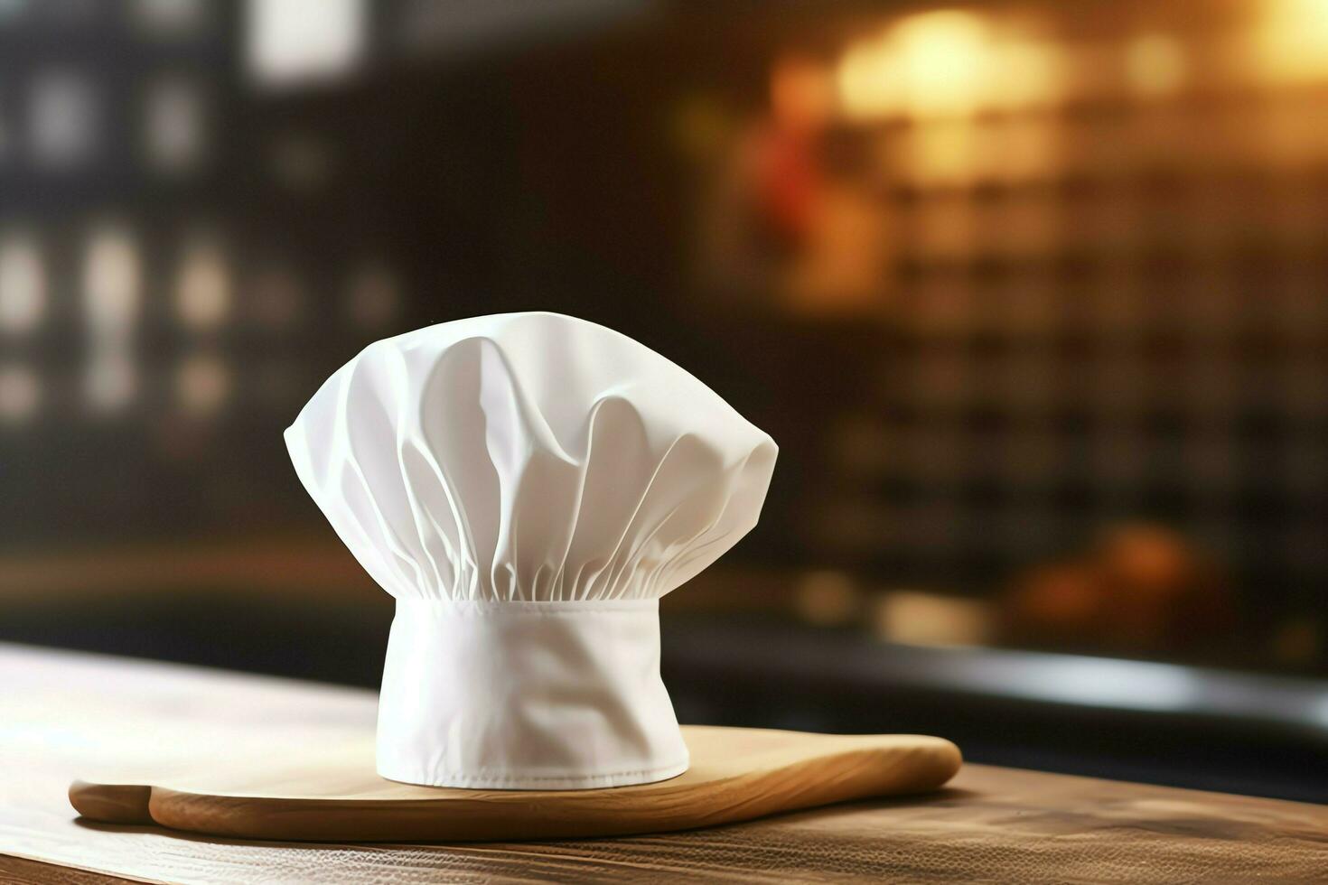 White cook hat in the kitchen table and copy space for your decoration. Advertising photography concept by AI Generated photo