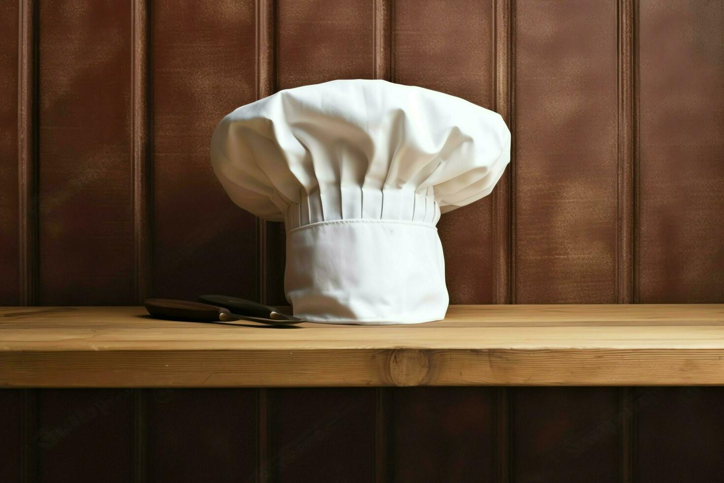 White cook hat in the kitchen table and copy space for your decoration. Advertising photography concept by AI Generated photo