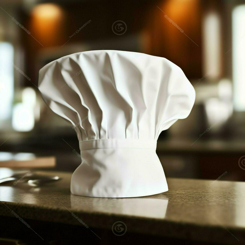 White cook hat in the kitchen table and copy space for your decoration. Advertising photography concept by AI Generated photo