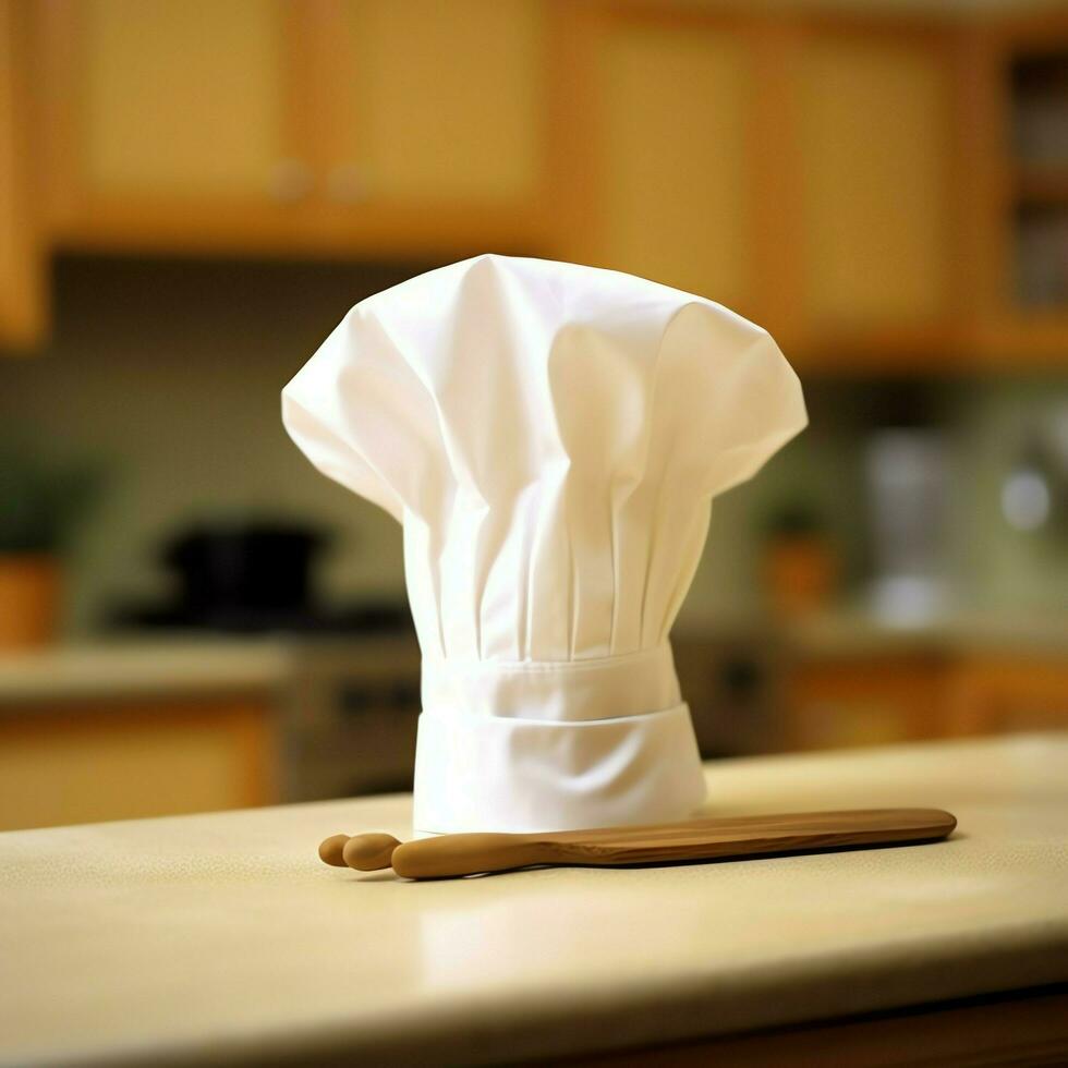White cook hat in the kitchen table and copy space for your decoration. Advertising photography concept by AI Generated photo